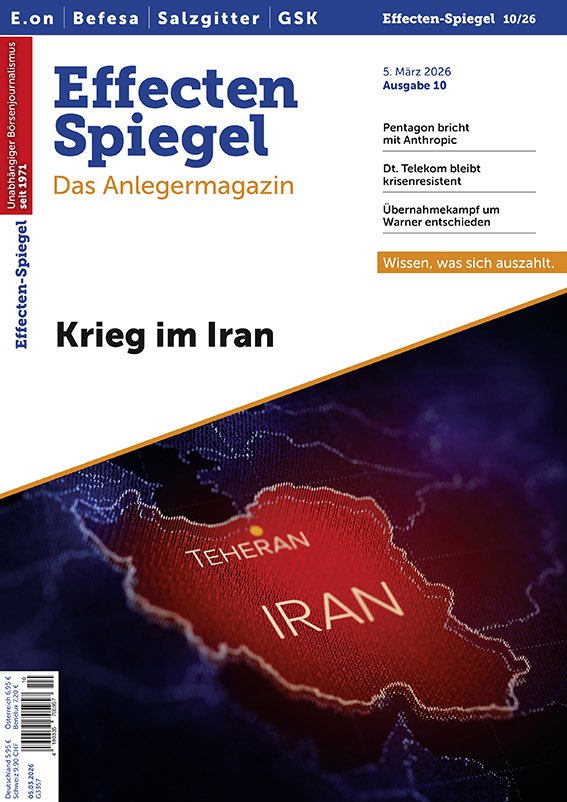EffectenSpiegel's tweet photo. ES 10/26 - „Krieg im Iran - Pentagon bricht mit #Anthropic - #DeutscheTelekom bleibt krisenresistent - Übernahmekampf um #Warner entschieden - u.v.a.m.“ - https://t.co/DCmfjohZTW #EON #Befesa #Salzgitter #GSK #Aktien #Finanzen #Börse #Geldanlage #Anlegermagazin https://t.co/MUCRhPn5mO