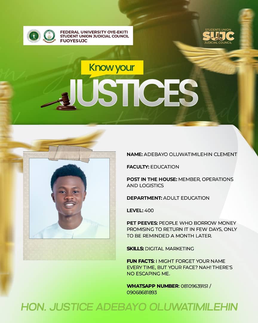 FUOYE_SUJC's tweet photo. Meet Honorable Justice Adebayo Oluwatimilehin. He is the type who observes everything, catches details the rest of us miss, and somehow always knows what’s really going on without making noise about it. He’s calm, sharp, and reliably on point when it matters. https://t.co/iwGDc7ymwx