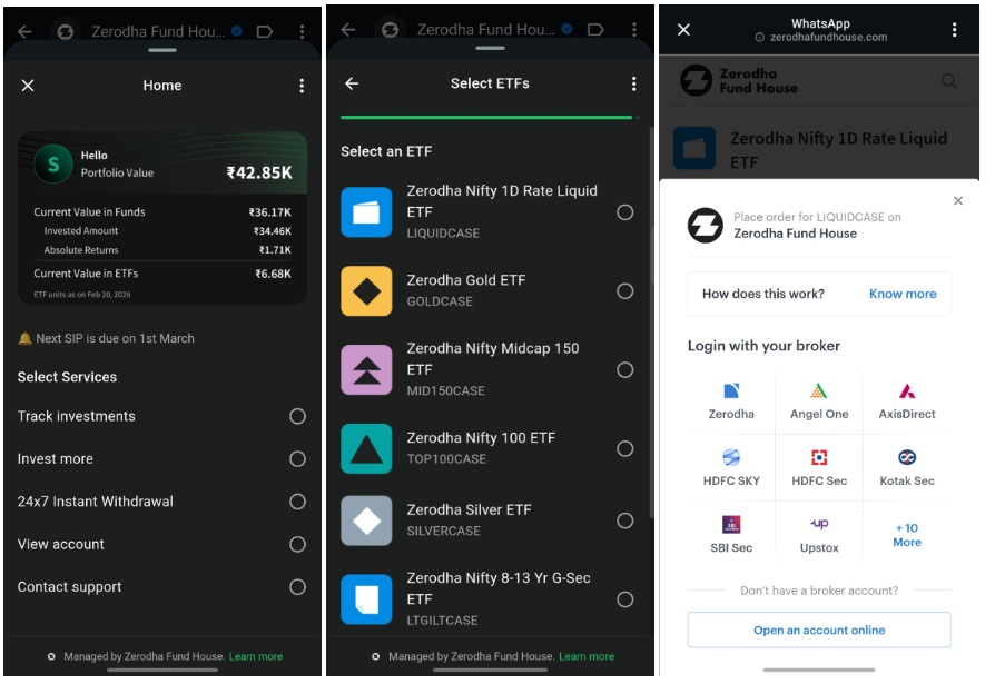 anugrah_shrivas's tweet photo. We are introducing new features on our AMCs (@ZerodhaAMC | smallcase-Zerodha JV) app-like interface - inside WhatsApp

We launched the interface last year to provide investors a secure yet easy-to-access flow right from their existing WhatsApp mobile app. Based on the positive feedback and suggestions, we are expanding the offering and introducing two new features.

1. Industry-First ETF Tracking on WhatsApp
Previously, tracking mutual funds was easy, but checking ETFs usually required logging into your brokerage app separately. We’ve removed that friction by integrating ETFs right inside our WhatsApp interface.

- Unified Dashboard: See your entire Zerodha Fund House portfolio - Mutual Funds and ETFs (Equity, Debt, and Commodities) - in one place.
- Seamless Transactions: Buy and sell ETFs directly within WhatsApp. Powered by the smallcase Gateway, you can connect to any major Indian broker and execute orders without leaving the app.
- Zero Friction: No new apps to download. It is a 100% tap based interface built right into WhatsApp.

2. Instant Access Facility (IAF) for Overnight Funds on WhatsApp
Liquidity is the most important feature of an Overnight Fund. While redemptions usually take one working day (T+1), our new Instant Access Facility changes that:

- True 24/7/365 Availability: Access your money even on weekends and bank holidays.
- Instant Credit: Funds are typically credited to your account via IMPS within minutes, if not seconds.
- Daily Limits: Withdraw up to ₹50,000 or 90% of your investment value per day (whichever is lower).

Note: Currently available for resident individual investors holding units in non-demat (SOA) mode.

Do give it a try! Start here - https://t.co/kqYSKcij4y