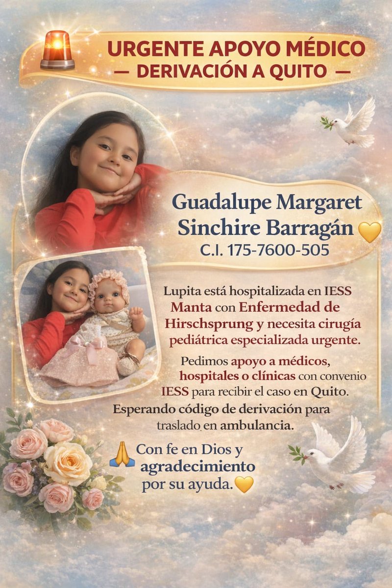 URGENTE  AYUDA PARA SALVAR LA VIDA DE LUPITA 🚨A toda la comunidad cristiana y a las personas de buen corazón:Nuestra niña Lupita ha sido diagnosticada con Enfermedad de Hirschsprung (aganglionosis intestinal) y necesita cirugía pediátrica urgente para salvar su vida.
Actualmente