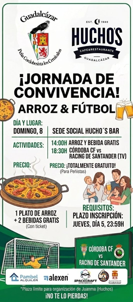 🆕 Este domingo, con motivo del partido que jugará el <a href="/CordobaCF_ofi/">Córdoba CF</a> en Santander frente al <a href="/realracingclub/">Real Racing Club</a>, celebraremos una jornada de convivencia junto con nuestros peñistas.
Viviremos una previa llena de tertulia cordobesista y posteriormente veremos el partido todos juntos.