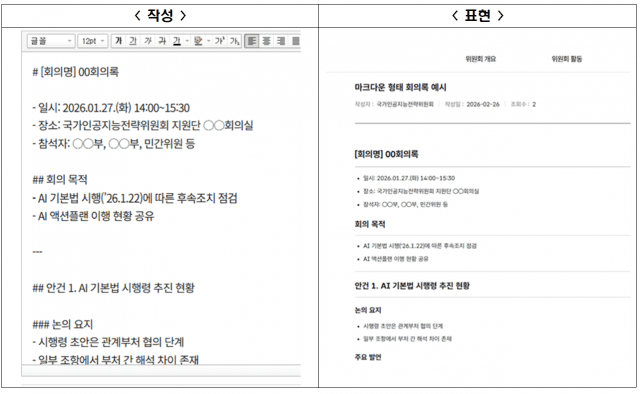 국가AI전략위원회는 분과별 회의와 토론 결과 문서를 AI 친화 텍스트 형식인 마크다운으로 작성·관리하고, 해당 문서를 위원회 누리집을 통해 공개해 정책 데이터 활용 범위를 강화할 방침이라고 밝혔습니다. 

▷자세한 내용 살펴볼까요?
zdnet.co.kr/view/?no=20260…