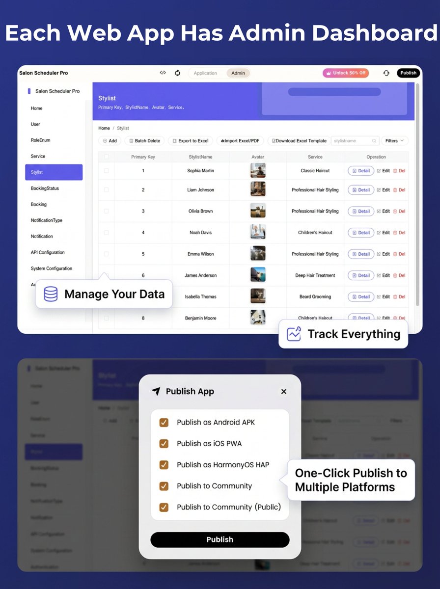 CodeFlyingAI's tweet photo. ���� Create your first web app in minutes
No coding needed. Just describe your idea — CodeFlying builds it.

✨ 4 simple steps:
1️⃣ Visit https://t.co/0vuwfP9HDt
2️⃣ Describe what you need
3️⃣ Confirm requirements
4️⃣ Get your app in 1 min

📱 Beautiful UI. Fully functional. Ready to use — like this salon scheduler.

⚙️ Built-in admin dashboard
Manage users, services, stylists, bookings — all in one place.

💡 Start building today → 🔗 https://t.co/0vuwfP9HDt