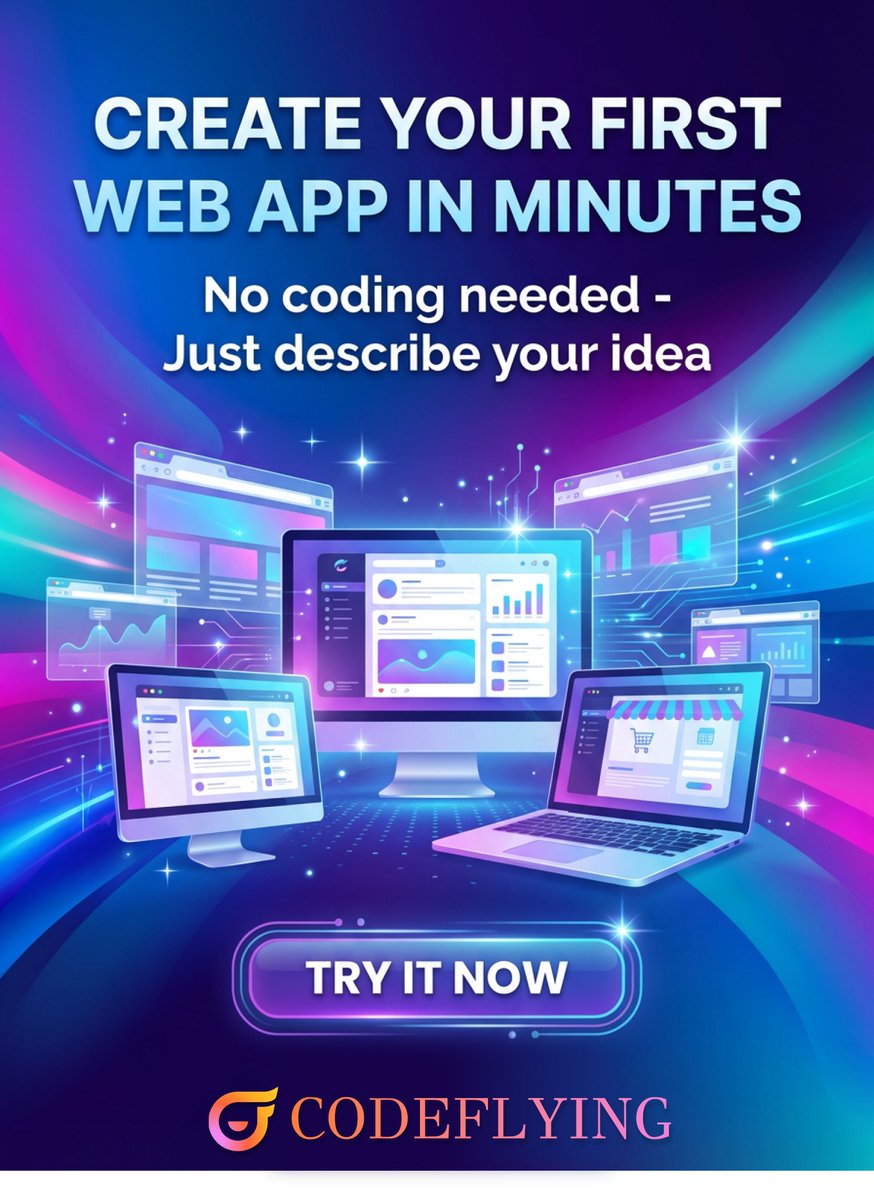 CodeFlyingAI's tweet photo. ���� Create your first web app in minutes
No coding needed. Just describe your idea — CodeFlying builds it.

✨ 4 simple steps:
1️⃣ Visit https://t.co/0vuwfP9HDt
2️⃣ Describe what you need
3️⃣ Confirm requirements
4️⃣ Get your app in 1 min

📱 Beautiful UI. Fully functional. Ready to use — like this salon scheduler.

⚙️ Built-in admin dashboard
Manage users, services, stylists, bookings — all in one place.

💡 Start building today → 🔗 https://t.co/0vuwfP9HDt