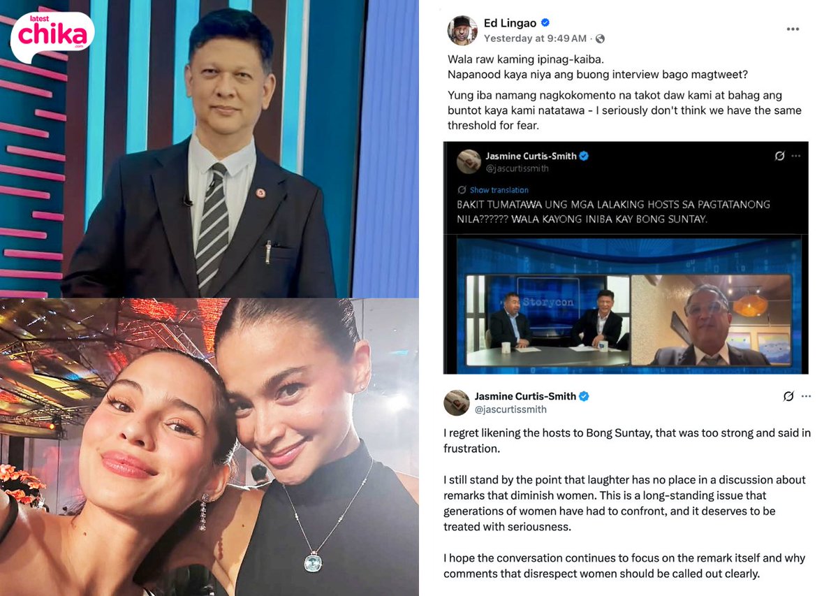 latest_chika's tweet image. 'IT DESERVES TO BE TREATED WITH SERIOUSNESS'

Jasmine Curtis-Smith and Ed Lingao engaged in a back-and-forth on social media after the actress called out Lingao and co-host Manny Mogato for "laughing" during their interview with Cong. Bong Suntay about his remarks on Anne Curtis.