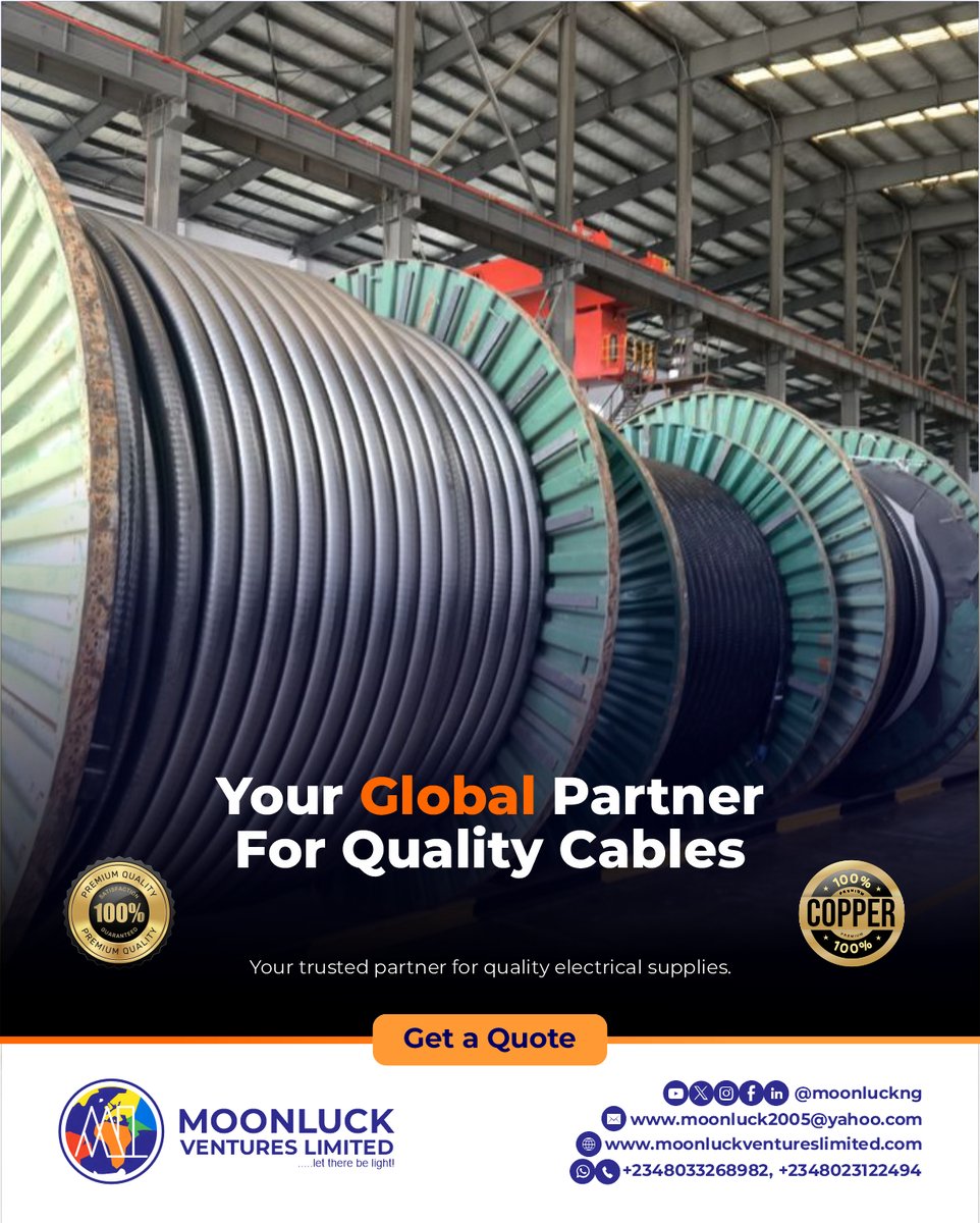 MoonluckNG's tweet image. Power your projects with 100% premium quality cables.

Moonluck Ventures Limited — your trusted global partner for reliable electrical supplies.

📩 DM for quotes
📞 +2348033268982 | +2348023122494
🌐 moonluckventureslimited.com

#MoonluckVentures #QualityCables #PowerSolutions