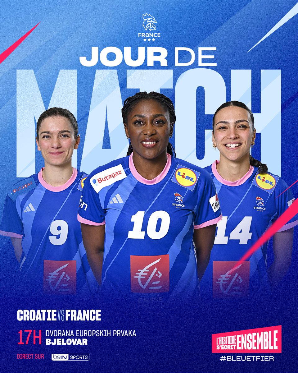 FRAHandball's tweet photo. JOUR DE MATCH ! 🇭🇷⚡️🇫🇷
🤾♀️ #CROFRA
⏰ 17H00
📍 Bjelovar 🇭🇷
📺 @beinsports_fr
📱 #BleuetFier https://t.co/56rd44mgmm