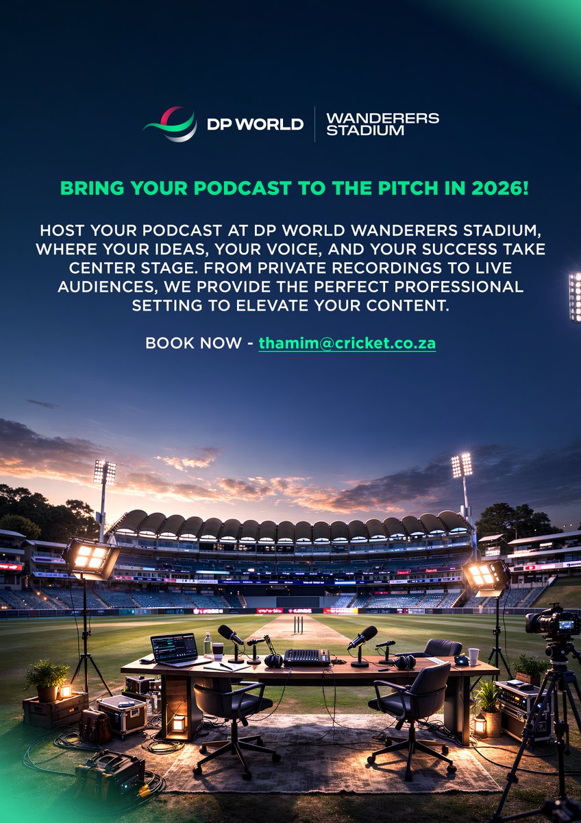 WanderersZA's tweet photo. 🔬Bring your podcast to the pitch!🏟️
The DP World Wanderers is the perfect venue to host your podcast, whether it be about sport, lifestyle, or general entertainment.
🔖Book now through ThamiM@cricket.co.za
#DPWorldWanderers
#HostYourPodcast
#ThePrideOfJozi
#EventsHosting https://t.co/AN0BsMqkbj