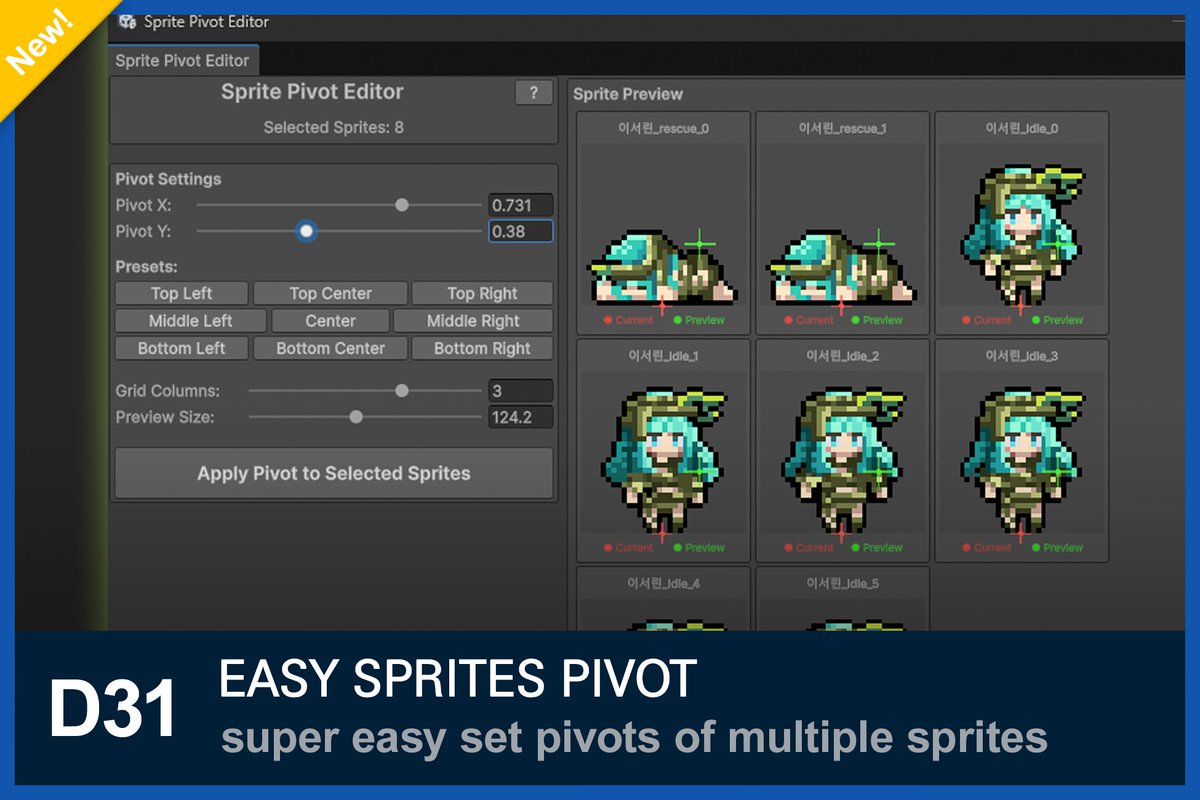trickle1231's tweet image. 여러 스프라이트들의 피벗을 한번에 바꿀 수 있는 툴을 유니티 에셋 스토어에 등록했습니다!
A tool for changing multiple sprite pivots at once — now available on the Unity Asset Store.
#Unity #UnityAssetStore #GameDev #ゲーム開発 #Unityエディタ

assetstore.unity.com/packages/tools…