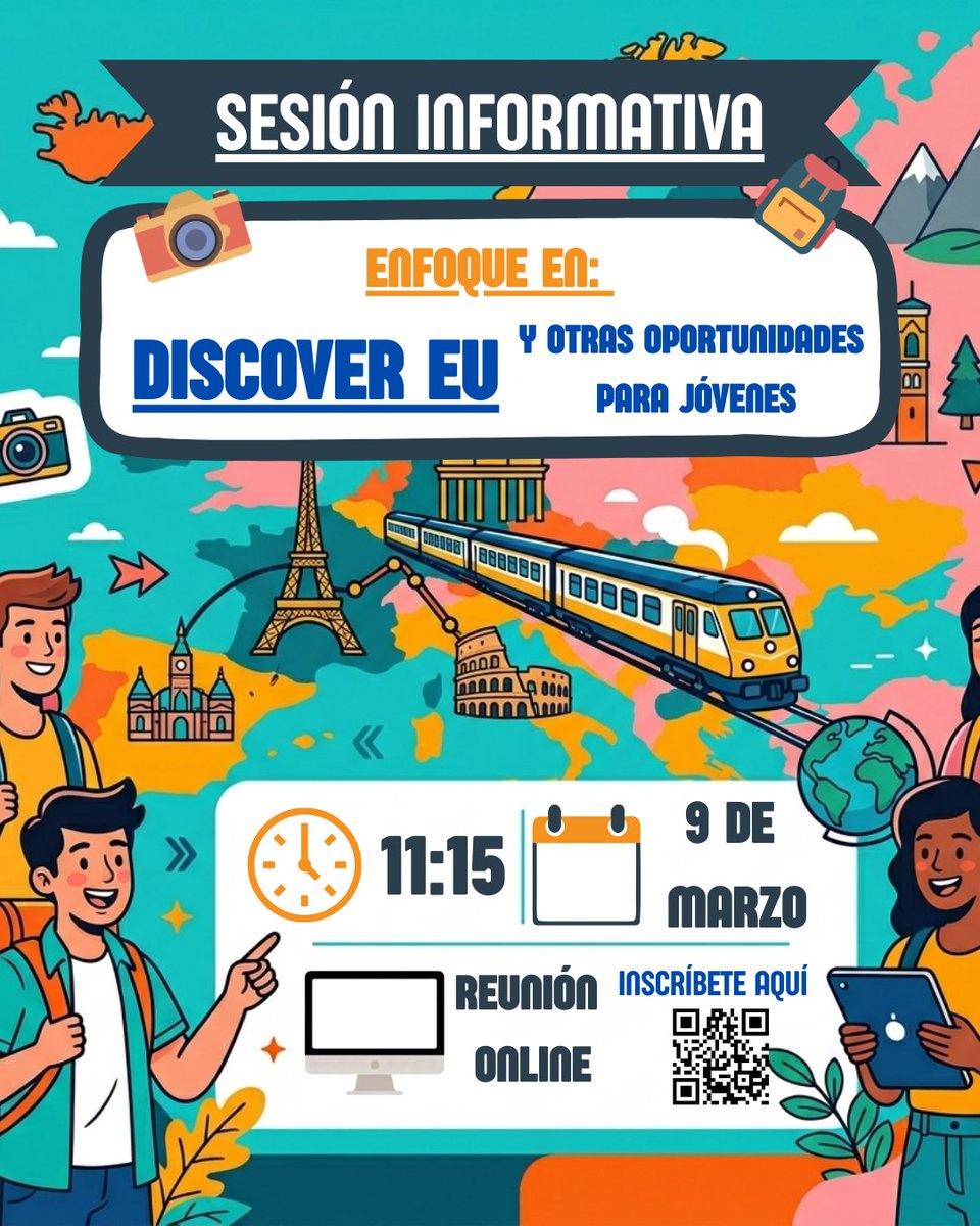 🌍✈️ Sesión informativa online sobre DiscoverEU y otras oportunidades para jóvenes en la UE

📅 9 marzo | 🕚 11:15 h
⚠️ Inscripción obligatoria (QR o enlace). s2.diphuelva.es/servicios/insc…
📩 El lunes enviaremos por correo el enlace de acceso a la reunión.
<a href="/DipuHU/">Diputación de Huelva</a> <a href="/RIEA_and/">RIEA</a>