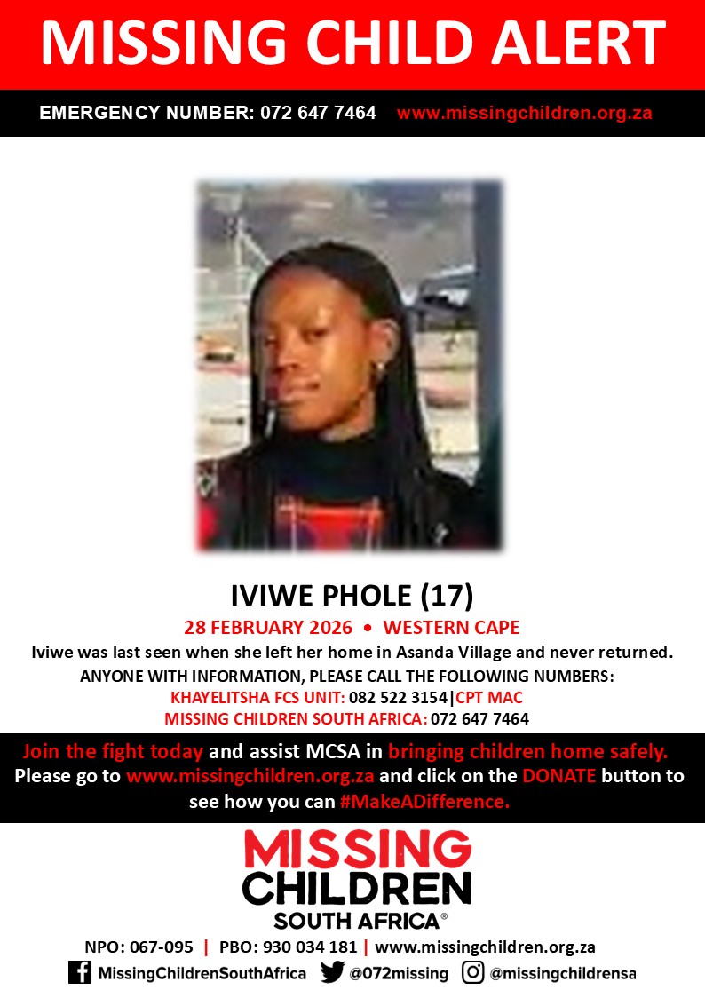 072MISSING's tweet photo. #MCSAMissing 

Iviwe Phole (17) was last seen 28 February 2026.

If you personally, or your company | or your place of work, would like to make a donation to #MCSA, please click here to donate: https://t.co/WuULg0pWNL Thank you https://t.co/I3gY2OScnt