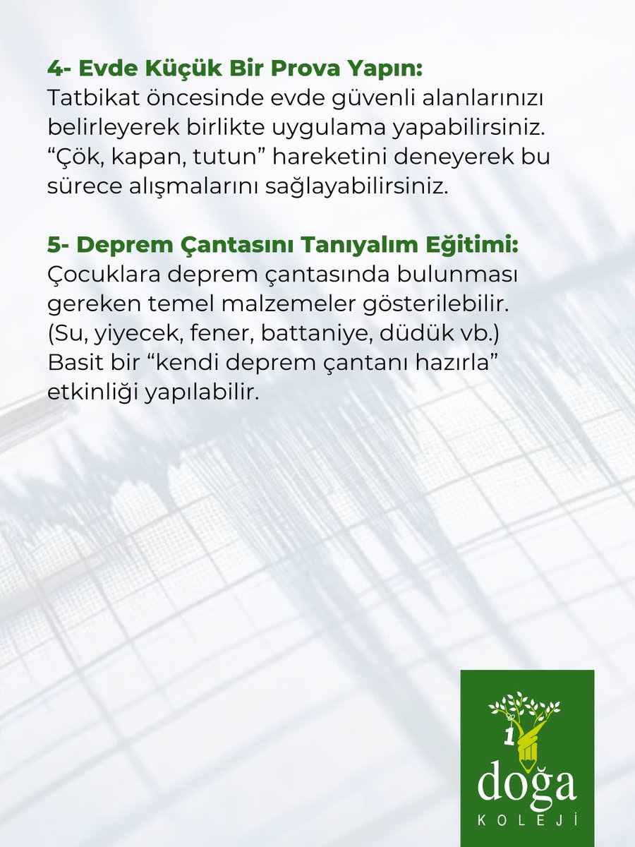 DogaOkullari's tweet photo. Afet bilinci; korkutarak değil, bilgilendirerek ve güven duygusunu güçlendirerek kazandırılır.

1-7 Mart Deprem Haftası kapsamında Doğa Koleji Rehberlik Koordinatörlüğümüzün velilerimiz için önerileri:
1- Depremi korkutmadan açıklayın.
2- Kaygılarını dinleyin.
3- Korkutucu içeriklerden kaçının.
4- Evde küçük bir prova yapın.
5- Deprem çantasını birlikte hazırlayın.

Unutmayalım; bilinç, en güçlü güvenlik önlemidir.

Çocuklarımızın afet farkındalığını birlikte güçlendiriyoruz. 💚
#TürkiyeninDoğası #DepremHaftası