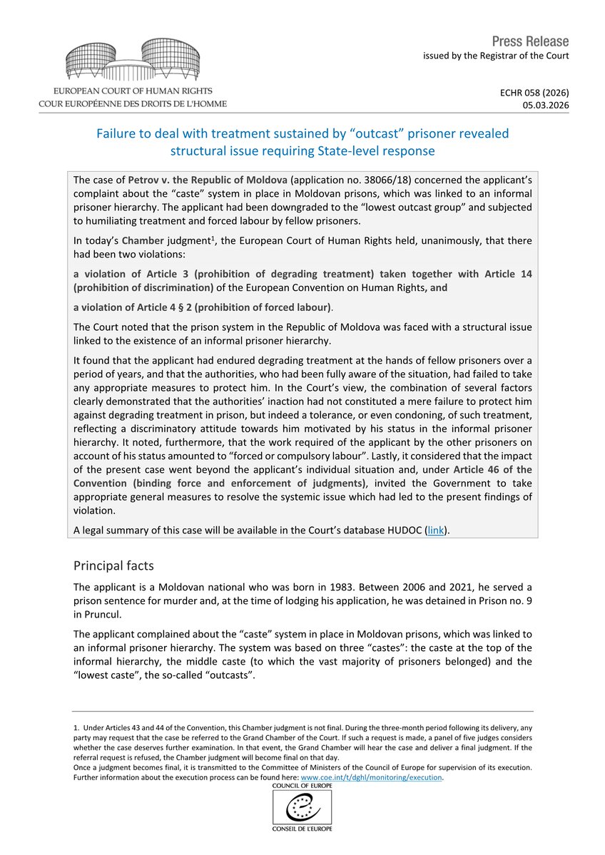 ECHR_CEDH's tweet image. Judgment Petrov v. Republic of Moldova - Informal caste system among prisoners indicative of structural issue in Moldovan prisons
hudoc.echr.coe.int/app/conversion…
#ECHR #CEDH #ECHRpress