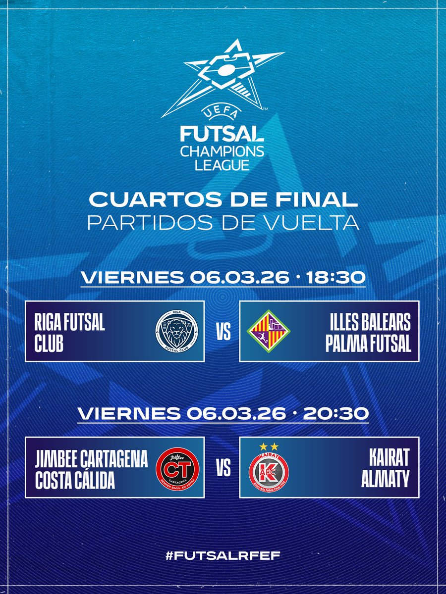 👌 Volvemos a activar el modo 𝐔𝐄𝐅𝐀 𝐅𝐮𝐭𝐬𝐚𝐥 𝐂𝐡𝐚𝐦𝐩𝐢𝐨𝐧𝐬 𝐋𝐞𝐚𝐠𝐮𝐞 🌟

🇪🇸 <a href="/PalmaFutsal/">Illes Balears Palma Futsal</a> y <a href="/JimbeeCartagena/">Jimbee Cartagena Costa Cálida ❤️🤍</a> buscan sellar el pase a la 𝗙𝗶𝗻𝗮𝗹 𝗙𝗼𝘂𝗿 de la competición este viernes, en la vuelta de los cuartos de final.

¡Mucha suerte! 💪

#FutsalRFEF