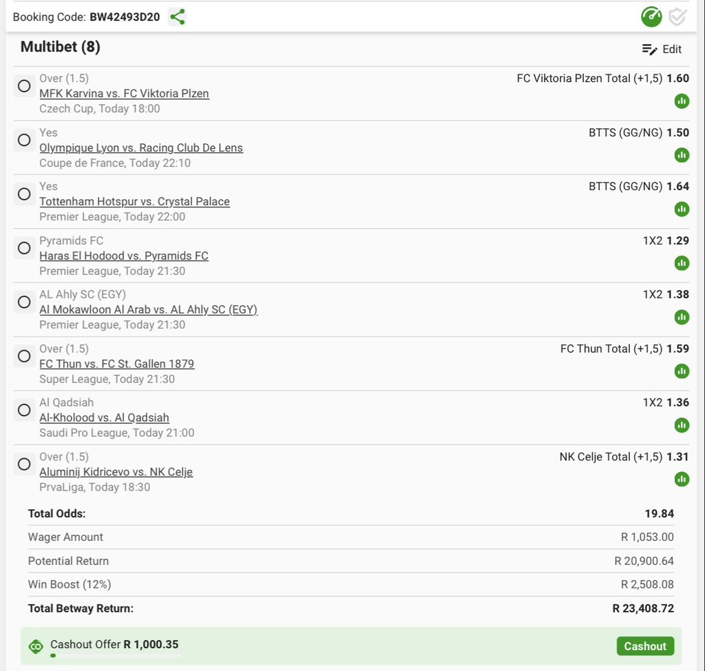 PoloB101's tweet image. ONE &amp;amp; Only Ticket 2Day @𝐁𝐄𝐓𝐖𝐀𝐘 19 Odds🔥
-------------------------------------------------
𝐊𝐢𝐜𝐤 𝐎𝐟𝐟 𝐓𝐢𝐦𝐞 : Today@18H00⏰
𝐂𝐨𝐩𝐲_𝐂𝐨𝐝𝐞: BW42493D20
-------------------------------------------------
𝐋𝐈𝐍𝐊𝐂𝐎𝐃𝐄 : betway.co.za/book-a-bet-res…

#OneTicket