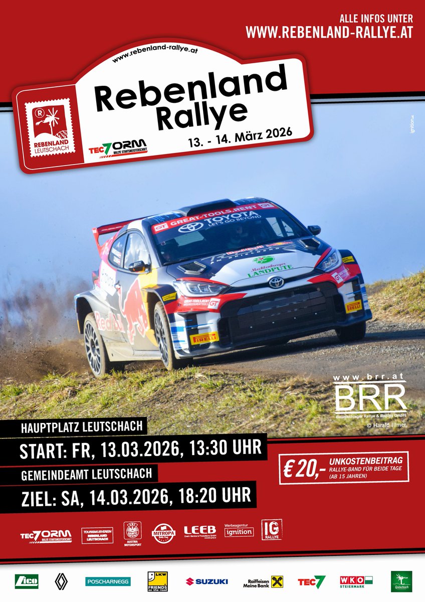 BRRBaumschlager's tweet photo. 🏁🇦🇹 Der Toyota GR Yaris Rally2 ziert auch das offizielle Programmheft &amp; Plakat der 13. Rebenland Rallye 2026 🍇😎

Das kostenlose Programmheft steht zum Download bereit: ➡️ https://t.co/jO8BLA1d0Q 👈

📸 @haraldillmer

#brr #rallye #rebenland #rebenlandrallye #rally #tec7orm https://t.co/JAswEzOEKu