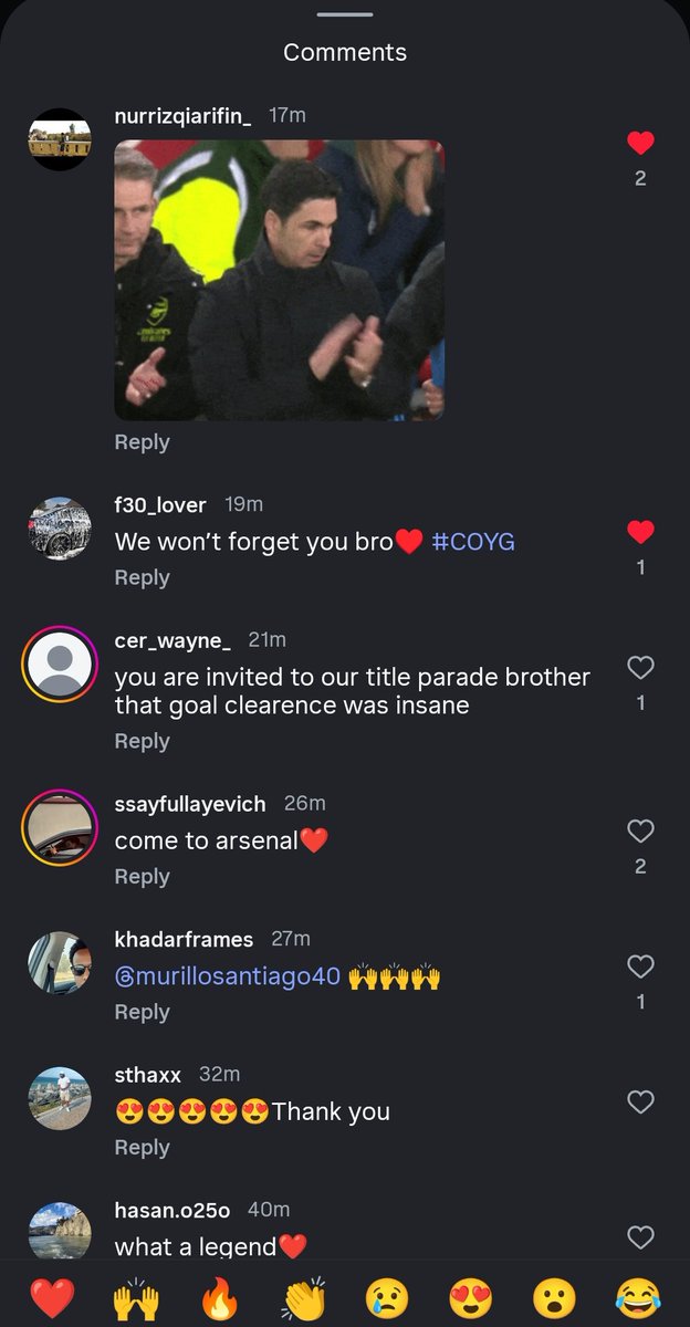 thearsfamily97's tweet image. Arsenal fans flooding Murillo's Instagram to thank him😂😂😂