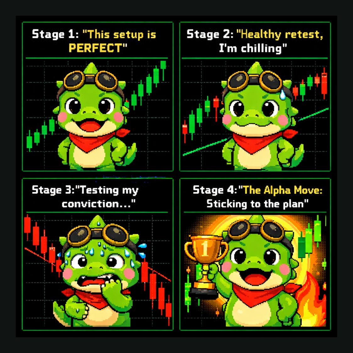 The 4 stages of holding a leveraged position 📊

Stage 1: "This setup is PERFECT" 😎
Stage 2: "Healthy retest, I’m chilling" 😅
Stage 3: "Testing my conviction..." 😰
Stage 4: "The Alpha Move: Sticking to the plan" 🏆🔥

DD Dragon has been through all 4 stages. Every trade—win or