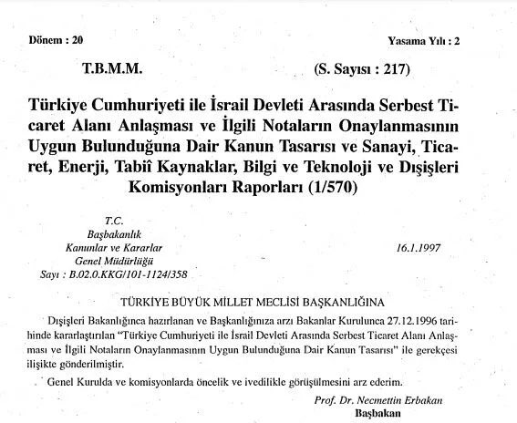 Aslında olan;

54. Hükümet başbakanı rahmetli Necmettin Erbakan döneminde İsrail ile pek çok anlaşma imzalandı

Bu Erbakan Hoca’nın Filistin hassasiyeti olmadığı anlamına gelmez fakat realite başka şey

Hayaller başka
