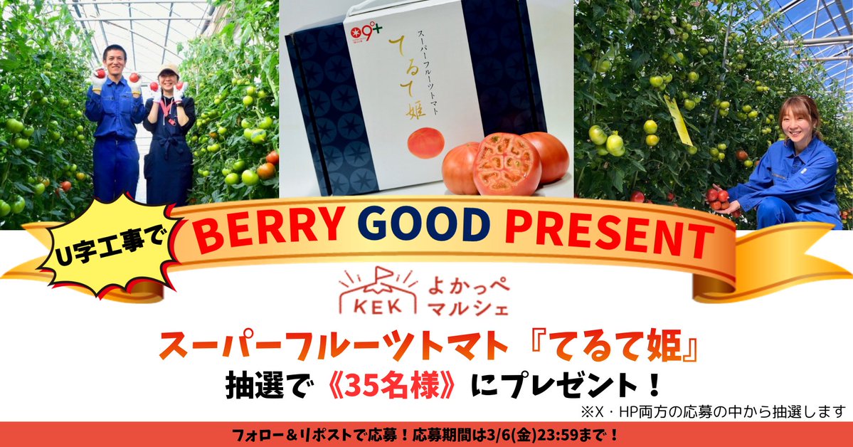 🎁U字工事でBERRY GOOD PRESENT🎁

フォロー＆リポストで
#KEKよかっぺマルシェ より
『スーパーフルーツトマト てるて姫』を
抽選で《35名様》にプレゼント 🎁

💛応募方法
✅<a href="/RADIOBERRY764FM/">76.4FM RADIO BERRY</a> をフォロー
✅この投稿をRP
✅本日23:59〆切
※X/HP両方から抽選
⇒ berry.co.jp/hotnews/detail…

#rberry