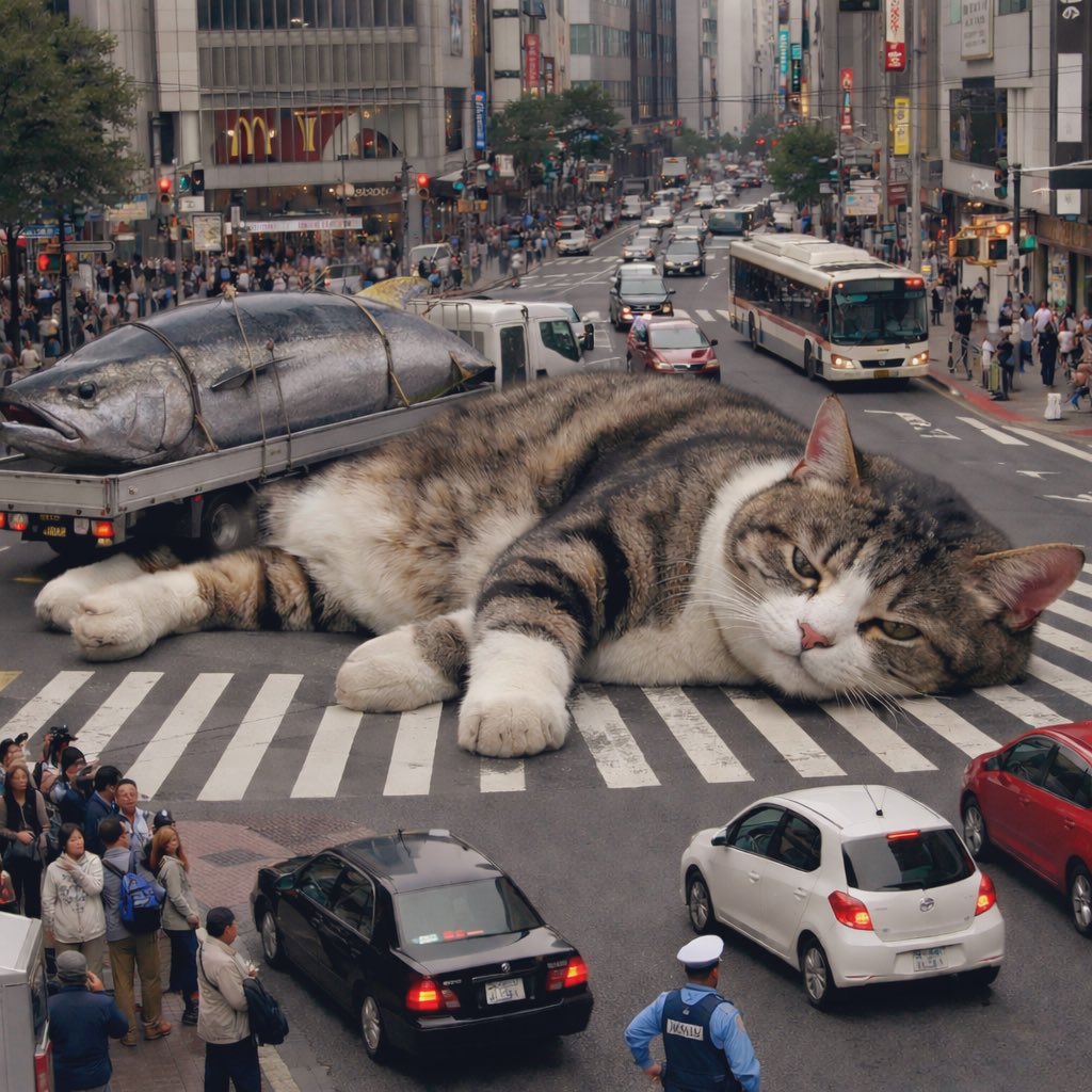 往来で寝そべる体長10mの猫がXで大流行