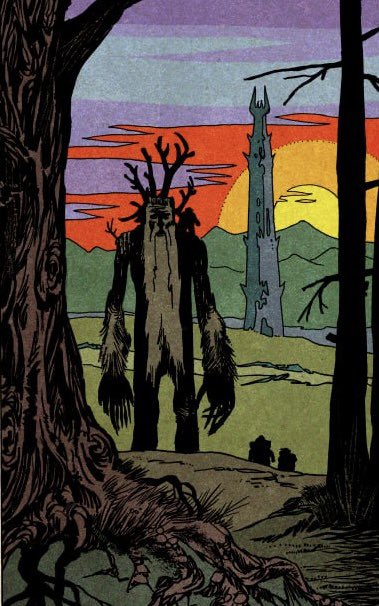 A tired ent walks at sunset. The hobbit and the dwarf follow him.