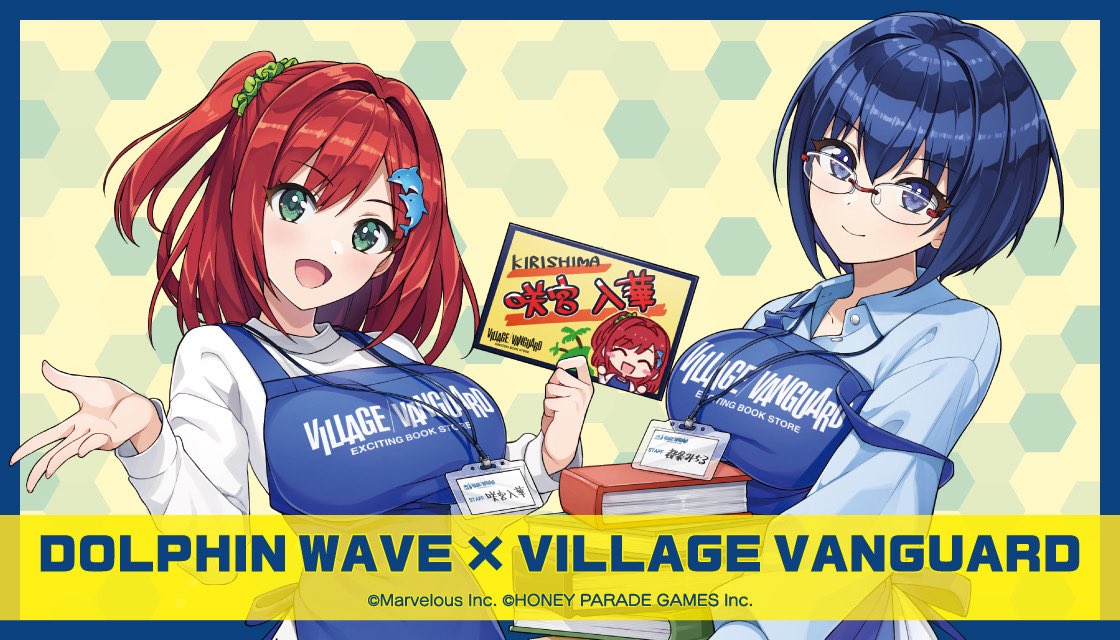 vv__official's tweet photo. 『ドルフィンウェーブ』ヴィレッジヴァンガードコラボ企画グッズが発売決定！！

🛒ストアページはこちら🛒
https://t.co/qi6wmdrNTy

『咲宮入華』『都条みちる』が描きおろしイラストにて登場！！

ヴィレッジヴァンガードコラボ企画��して、
描きおろしイラストを使用したグッズが発売決定いたしました。
スタッフ風の『咲宮入華』『都条みちる』となっております。