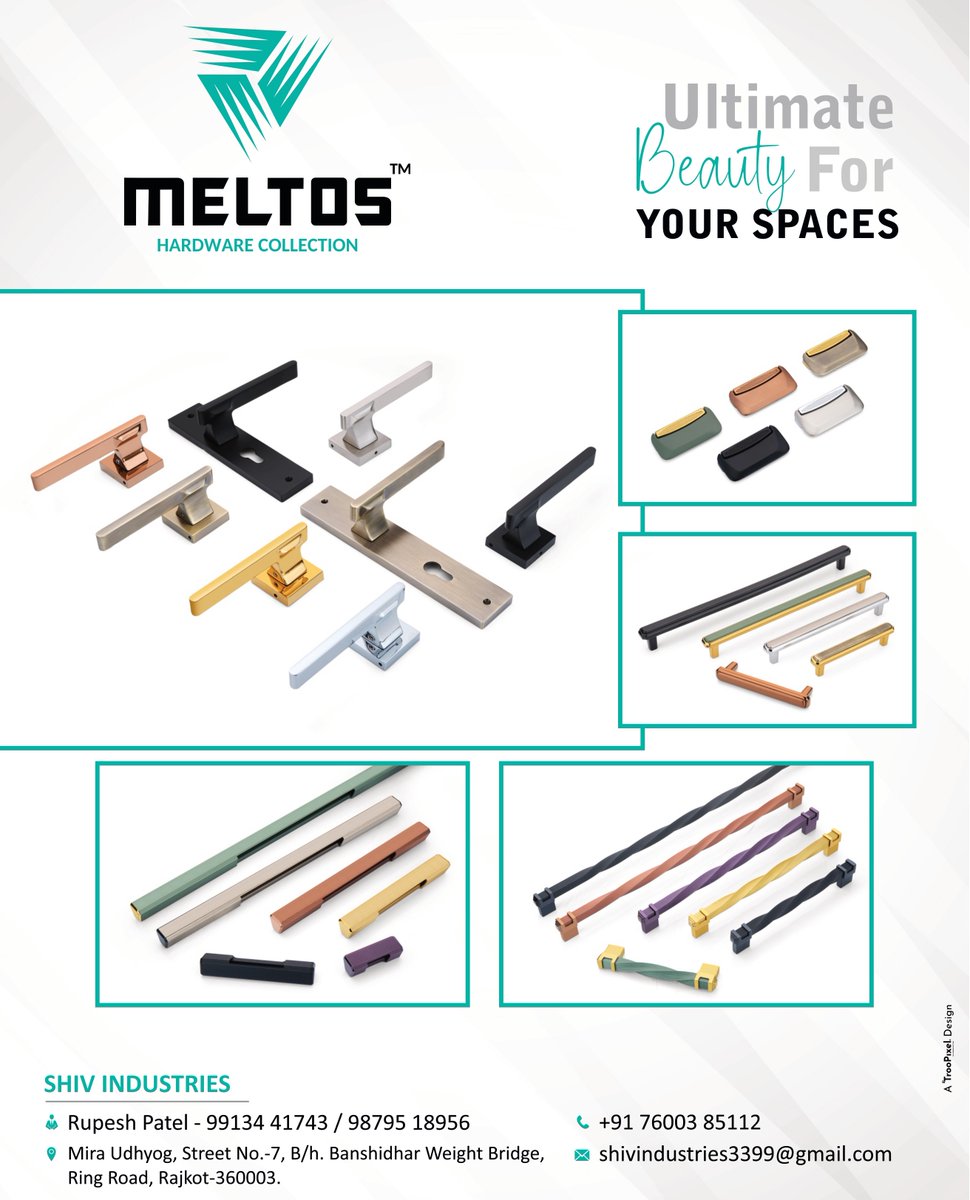 ihsndigital's tweet image. MELTOS Handles

Foir Enquiry via WhatsApp: rebrand.ly/Meltos

SHIV INDUSTRIES
Contact:
Mr. Rupesh Patel: +91 9913441743, +91 9879518956
.
.
.
#Meltos #MeltosHardware #HardwareDesign #LuxuryHandles #ModernHardware #InteriorDesignersIndia #ArchitectLife #IHSNDigital #delhi