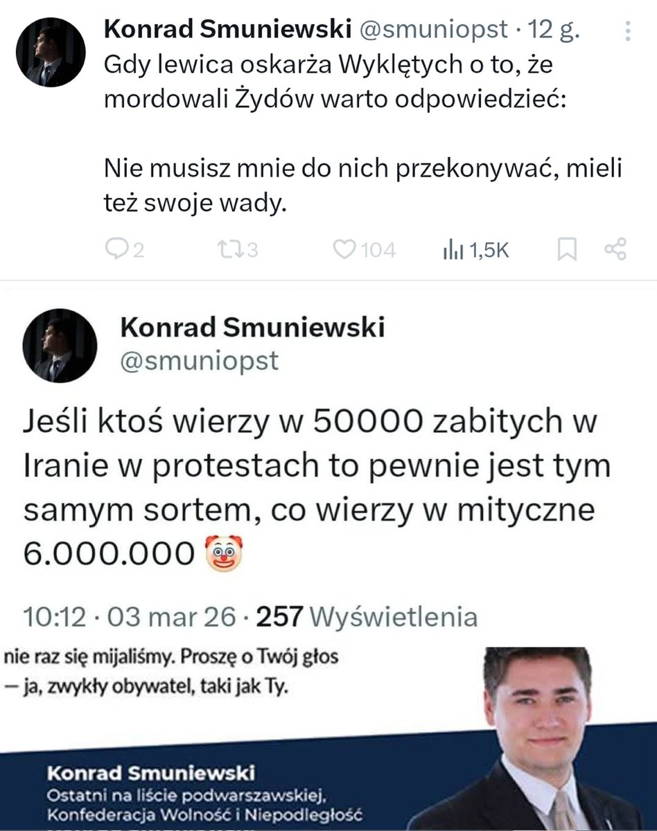 Jak widać, w dzisiejszej Polsce można być naziolem pod własnym nazwiskiem i jednocześnie działać politycznie.

Warto przypomnieć, że tak wyglądają kadry Młodzieży Wszechpolskiej i Konfederacji. Smuniewski swego czasu był związany m. in. z wicemarszałkiem Krzysztofem Bosakiem 
1/3