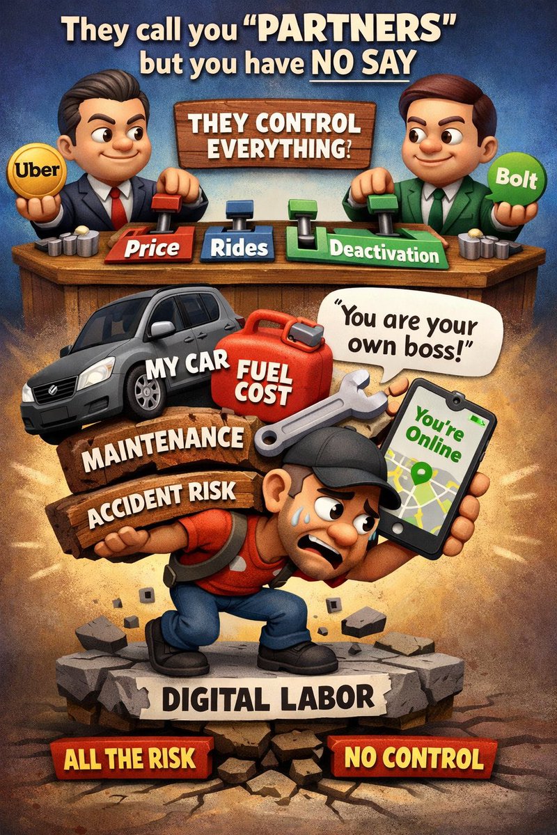 i_RockNation's tweet photo. The biggest lie in the gig economy is this:

“Drivers are their own bosses.”

It sounds empowering.
It sounds like freedom.
It sounds like entrepreneurship.

But look closer.

@Uber controls the price.
@boltapp controls the customer.
@inDrive controls the ecosystem.

The algorithm decides who gets rides.
The app decides when you are visible.
The system can deactivate you overnight.

Then there is another word the platforms like to use:

“Partners.”

Drivers are called partners, but in reality they have no real influence over the decisions that determine their daily survival.

Real partners sit at the table.
Real partners help shape policies.
Real partners negotiate terms.

Drivers do none of these.

Drivers cannot set prices.
Drivers cannot negotiate commission.
Drivers cannot influence platform policies.
Drivers are rarely consulted before major changes are introduced.

Yet they are still described as partners.

So what actually happens?

The driver provides the car.
The driver pays for fuel.
The driver handles maintenance.
The driver carries accident and safety risks.
The driver absorbs the economic pressure.

When fuel prices rise, the driver suffers.
When demand drops, the driver suffers.
When commissions increase, the driver suffers.

Yet the system continues to repeat the same line:

“You are your own boss.”

Let’s be honest.

True entrepreneurs set their own prices.
True entrepreneurs control their customers.
True entrepreneurs own their market.

Most drivers in the gig economy control none of these.

They are not partners in the system.
They are the labor powering the system.

This is not traditional employment.
But it is not genuine entrepreneurship either.

It is something new.

Digital labor.

And until we begin to call it what it really is, the imbalance will continue to grow.

Platforms will scale.
Profits will rise.
But the people doing the work will still be told:

“You are your own boss.”

A statement that sounds powerful…

but hides a very different reality.

@AUATONLagos 
@technextdotng 
@MobilePunch 
@ilo 
@vdmempire 
@NigeriaStories 
@NigeriainfoFM 
@ARISEtv 
@tvcnewsng 
@SolidarityCntr