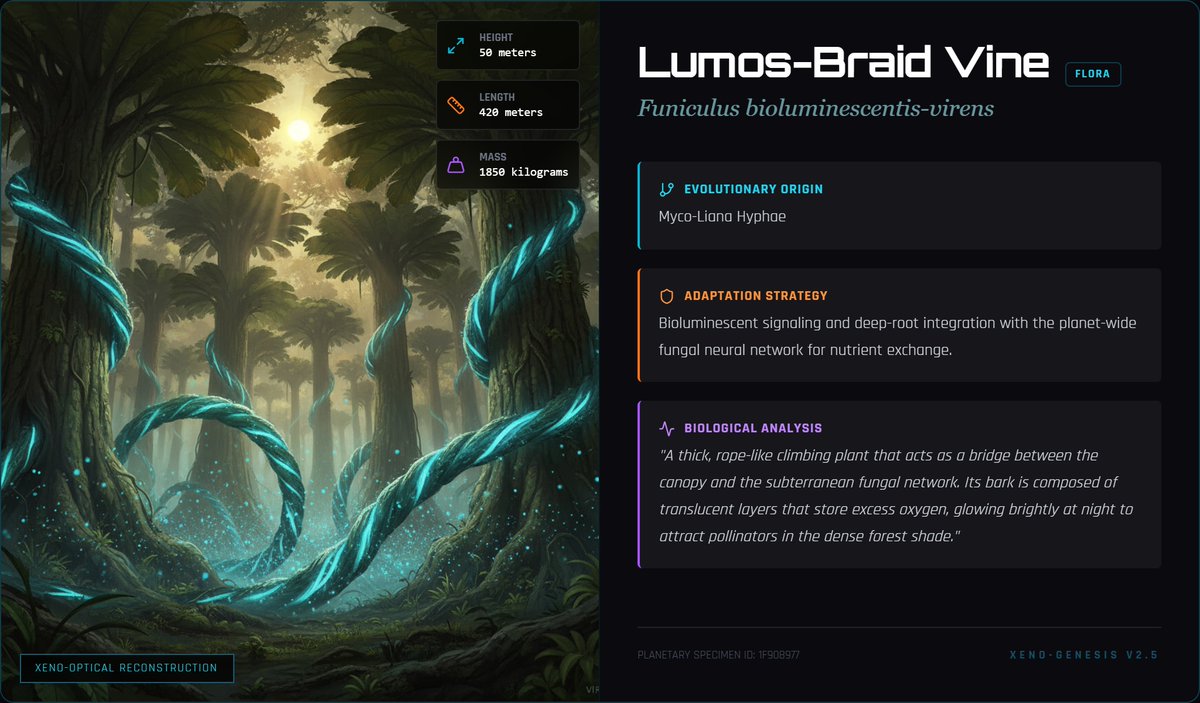 exowildarchives's tweet photo. Flora Lumos-Braid Vine

Funiculus bioluminescentis-virens
Evolutionary Origin

Myco-Liana Hyphae
Adaptation Strategy

Bioluminescent signaling and deep-root integration with the planet-wide fungal neural network for nutrient exchange.
Biological Analysis

"A thick, rope-like climbing plant that acts as a bridge between the canopy and the subterranean fungal network. Its bark is composed of translucent layers that store excess oxygen, glowing brightly at night to attract pollinators in the dense forest shade."