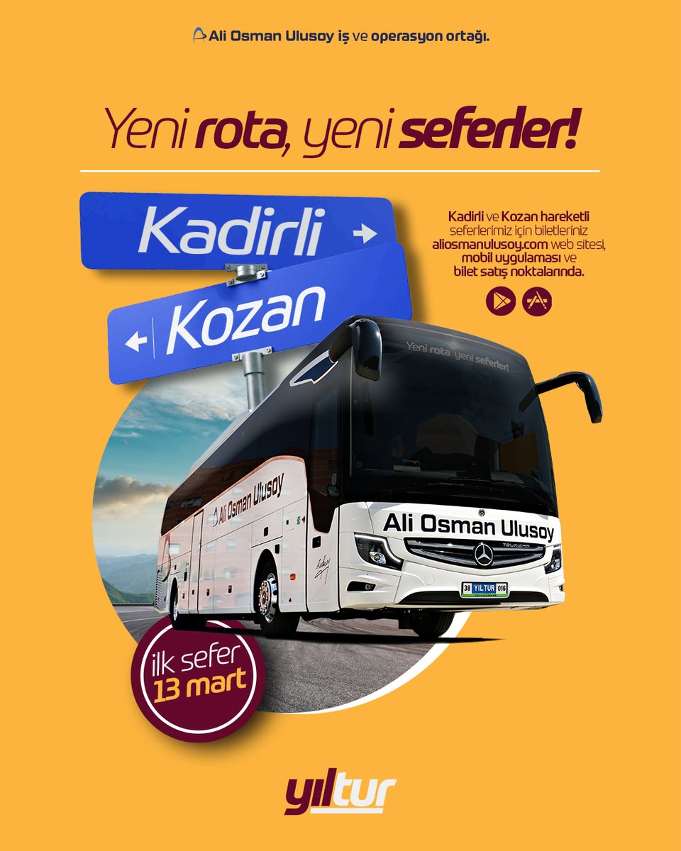 📢 Yeni rota, yeni seferler : Kadirli &amp; Kozan

Yeni filomuzla Kadirli ve Kozan hareketli seferlerimiz,
13 Mart'ta başlıyor!

#yıltur #aliosmanulusoy