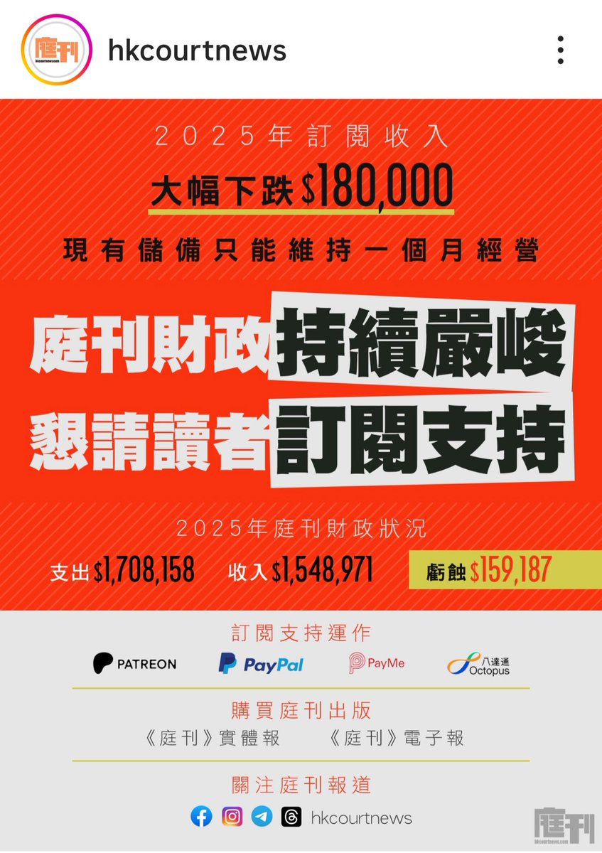 《庭刊》財政告急
有能力 請大力支持🙏
instagram.com/p/DVfkXp8jAoZ/…