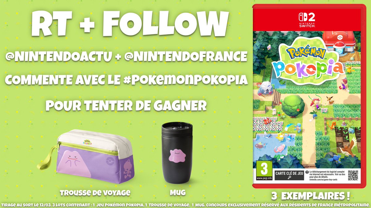 [CONCOURS 🎁] Tentez de gagner le jeu Pokémon Pokopia, un mug, et une trousse de voyage !

Pour participer :
- RT + Follow <a href="/NintendoActu/">Nintendo Actu</a> et <a href="/NintendoFrance/">Nintendo France</a>
- Commente avec le #PokemonPokopia !

3 gagnants ! Tirage le 12/03.