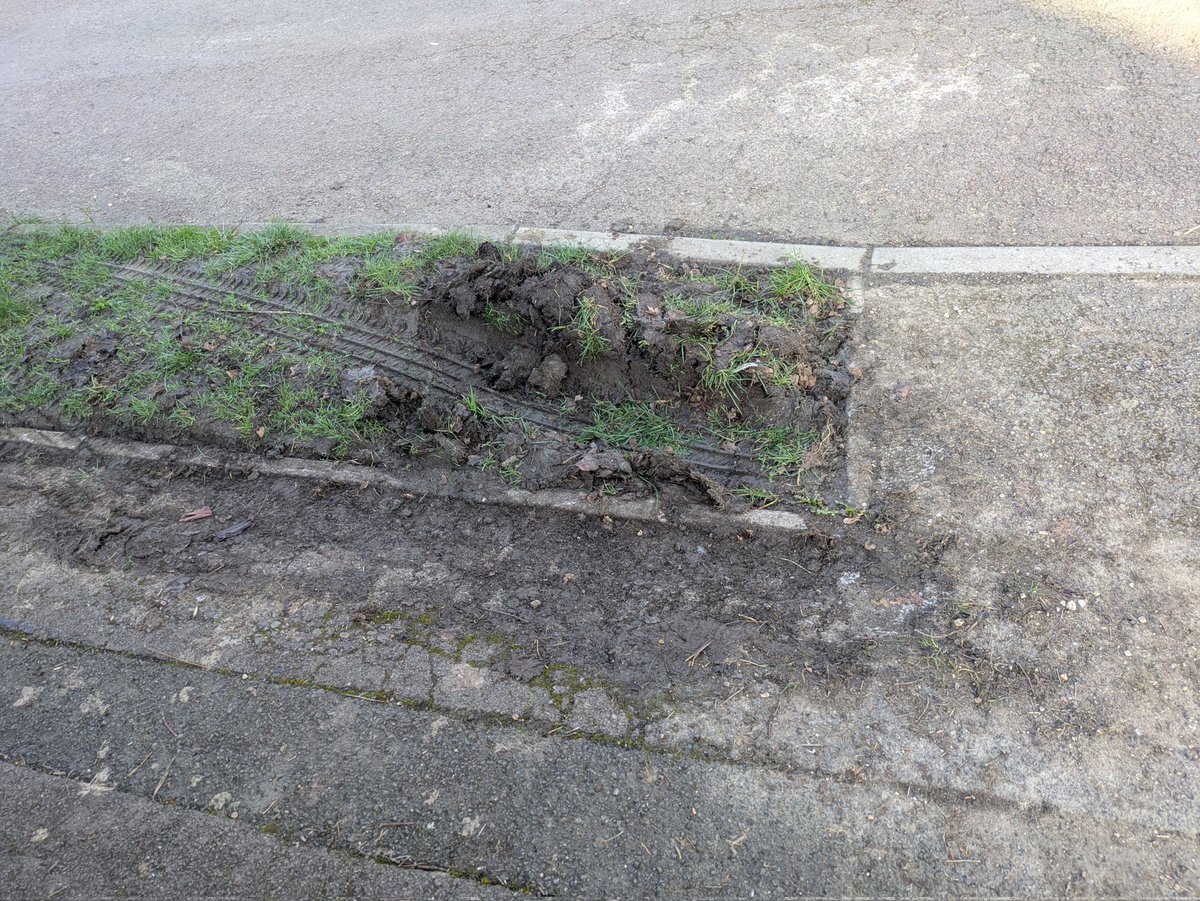 JimHarley's tweet photo. Thanks, @Tesco, but tarmac is much better to drive on than grass after three months of rain. 
This had been repaired less than 48 hours earlier after previous delivery drivers' damage.
#supermarket #delivery #damage https://t.co/uO0lOIvdz7