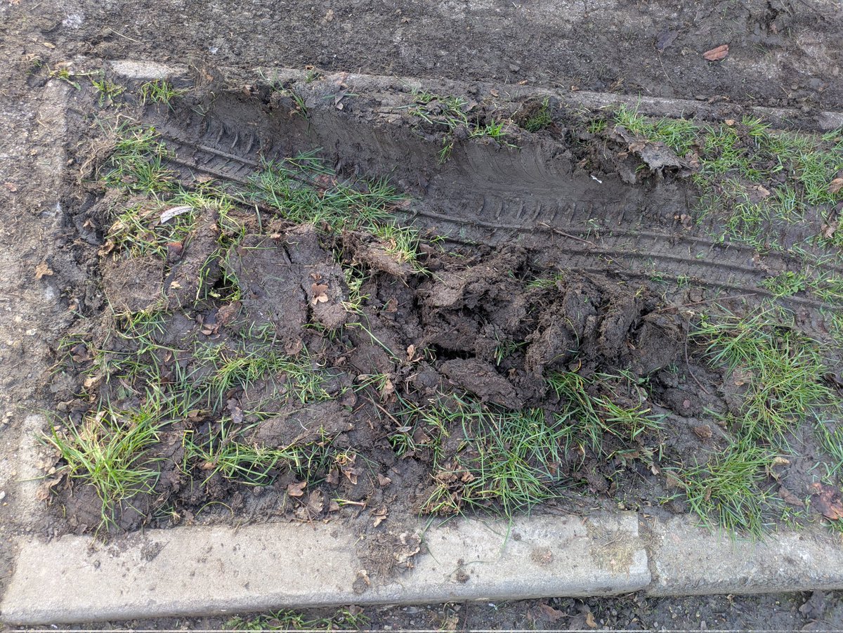 JimHarley's tweet photo. Thanks, @Tesco, but tarmac is much better to drive on than grass after three months of rain. 
This had been repaired less than 48 hours earlier after previous delivery drivers' damage.
#supermarket #delivery #damage https://t.co/uO0lOIvdz7