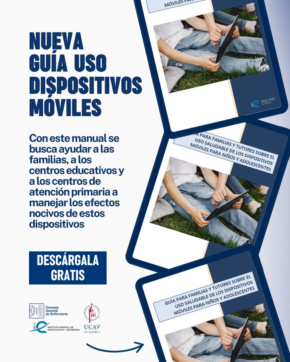 CGEnfermeria's tweet image. Actualmente, la mayoría de los jóvenes pasa demasiado tiempo con el móvil. La guía aborda cuestiones como la prevención, la detección, la actuación y el síndrome de abstinencia. Ofrece, además, diferentes recursos de interés, como vídeos, webs o manuales

@UCAVILA_