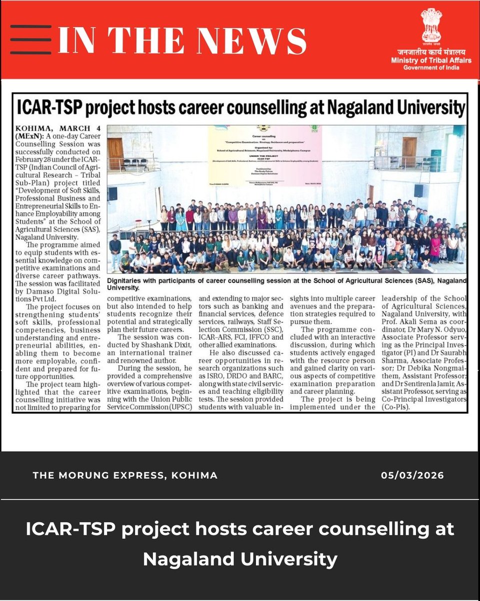 TribalAffairsIn's tweet image. In The News

1) ICAR-TSP project hosts career counselling at Nagaland University.

#InTheNews #MoTA

@narendramodi @PMOIndia @rashtrapatibhvn @jualoram @Dduikey @pibindia @mygovindia @AmritMahotsav