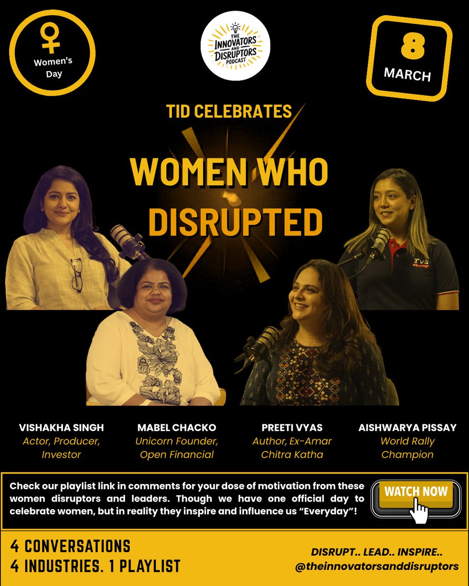 TID_Collective's tweet photo. The best way to celebrate women isn't a graphic. It's listening to them as they inspire us daily and not on a particular day! 🙏 We've pulled all episodes of Women Who Disrupted 🎧into one playlist:  Watch the playlist here: https://t.co/IejZJshxPU #InternationalWomensDay #IWD26 https://t.co/rxXSwGZoi5