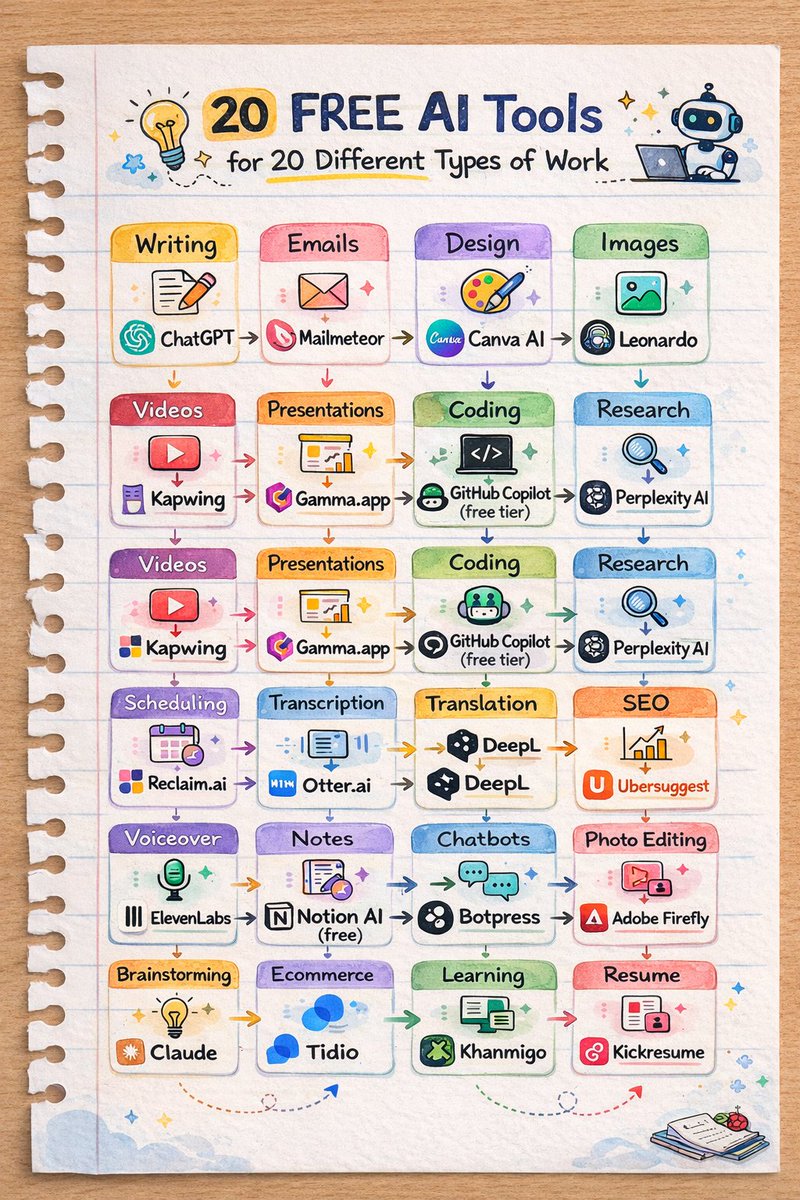 allen_explains's tweet photo. Here are 20 FREE AI tools for 20 different types of work

Writing → ChatGPT

Emails → Mailmeteor

Design → Canva AI

Images → Leonardo

Videos → Kapwing

Presentations → Gamma .app

Coding → GitHub Copilot (free tier)

Research → Perplexity AI

Scheduling → Reclaim. ai

Transcription → Otter. ai

Translation → DeepL

SEO → Ubersuggest

Voiceover → ElevenLabs

Notes → Notion AI (free)

Chatbots → Botpress

Photo Editing → Adobe Firefly

Brainstorming → Claude

Ecommerce → Tidio

Learning → Khanmigo

Resume → Kickresume

Follow me @allen_explains for more tools like these.