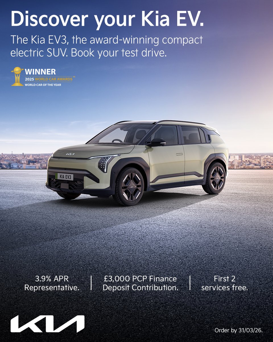 Explore the Kia EV3, effortlessly electric with up to 375 miles* of range. Book your test drive today. *WTLP data. Actual range dependent on individual driving conditions.

Discover more.

#KiaUK #EV3