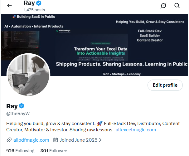 just hit 300 followers. 

looking at this numbers and realizing that showing the raw, messy process of building allpdfmagic and allexcelmagic actually resonates. 

thanks to everyone for the feedback, the dms, and the motivation. back to the code now. 🛠️