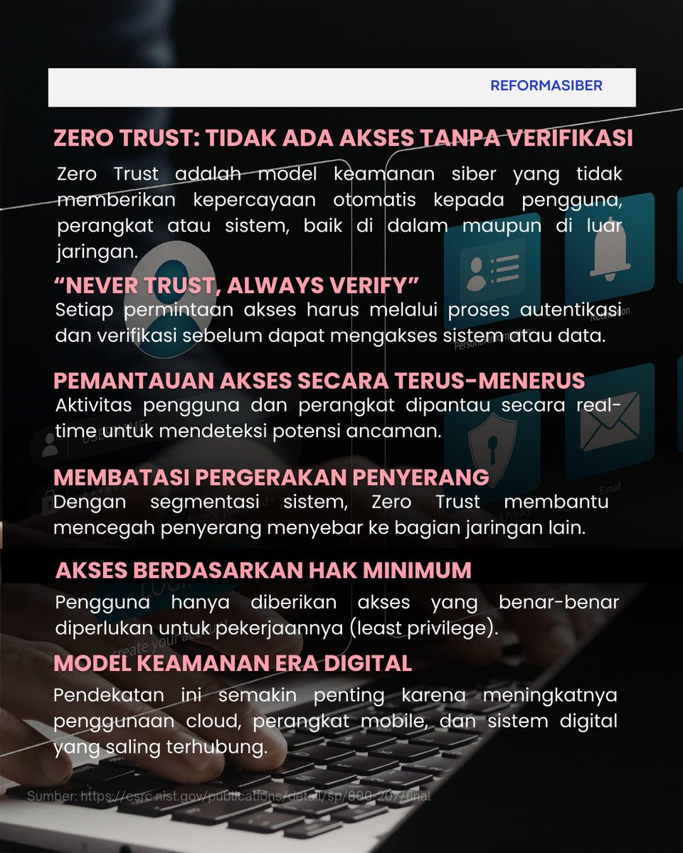 Reformasiber's tweet photo. Zero Trust hadir sebagai pendekatan baru dalam keamanan siber. ⚠️

Berbeda dengan model keamanan tradisional yang menganggap jaringan internal aman, Zero Trust menuntut setiap pengguna, perangkat, dan akses untuk selalu diverifikasi sebelum diberikan izin. https://t.co/TIPGrbj1ca