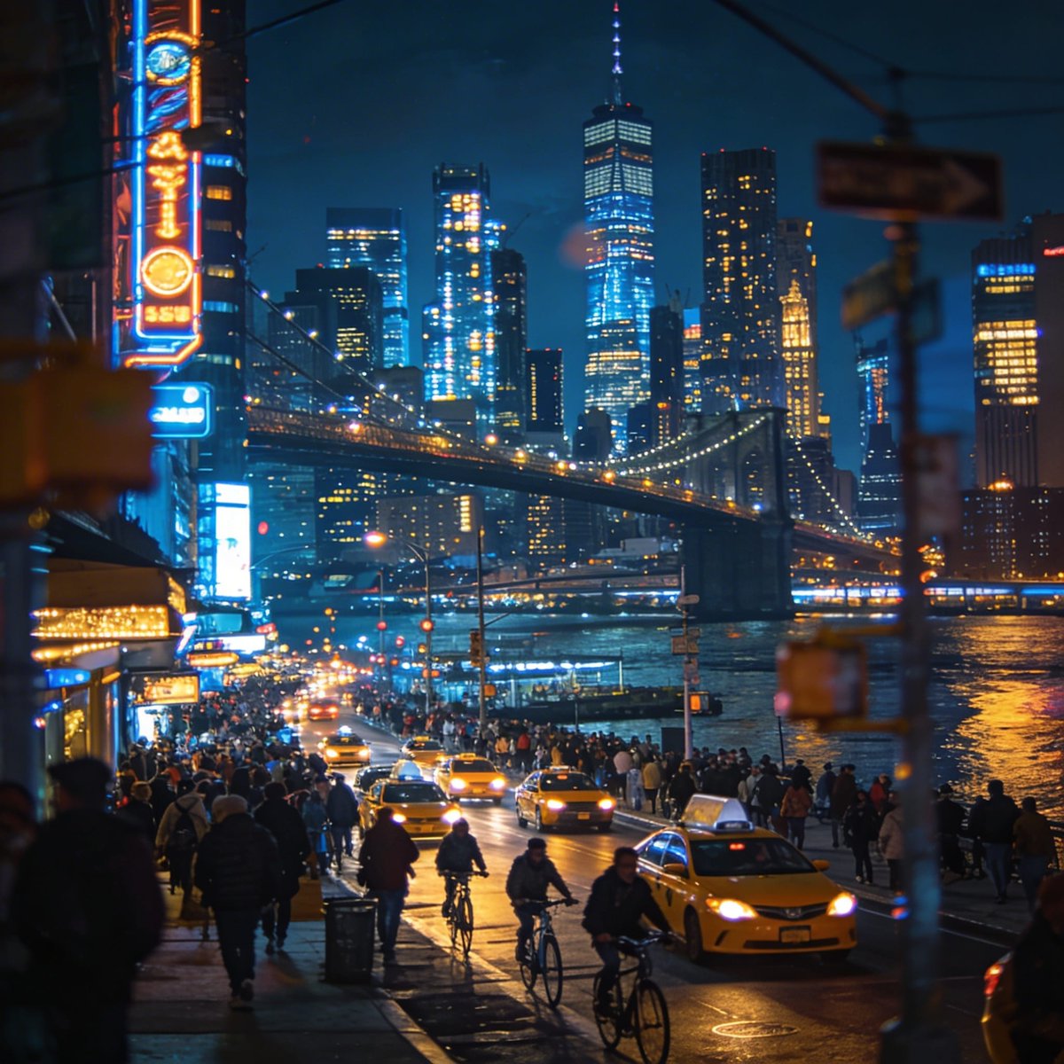 p_chusaengsri's tweet photo. Vibrant city scene at night with illuminated skyscrapers, busy streets filled with pedestrians and cyclists, and the Brooklyn Bridge over the river.
#BrooklynNights #CityLights #UrbanVibes #SkyscraperViews #NightlifeAdventures https://t.co/J6TEghGs3N