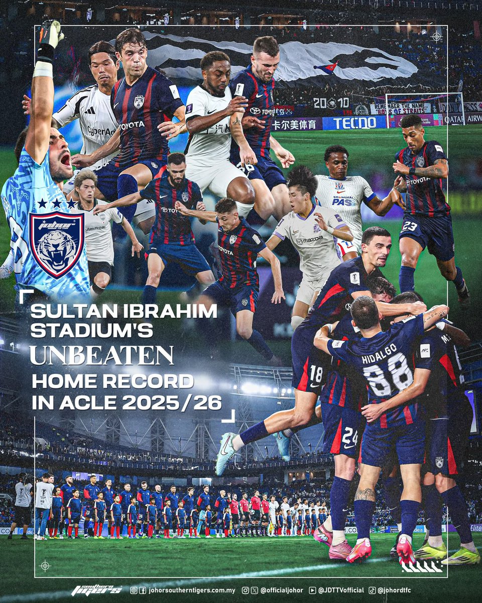 SULTAN IBRAHIM STADIUM'S UNBEATEN HOME RECORD IN ACLE 2025-2026

Johor Darul Ta'zim FC's (JDT) 3-1 victory over Sanfrecce Hiroshima in the first leg of the Round of 16 secured an unbeaten home record in the AFC Champions League Elite (ACLE) 2025-26 campaign.

The Southern Tigers
