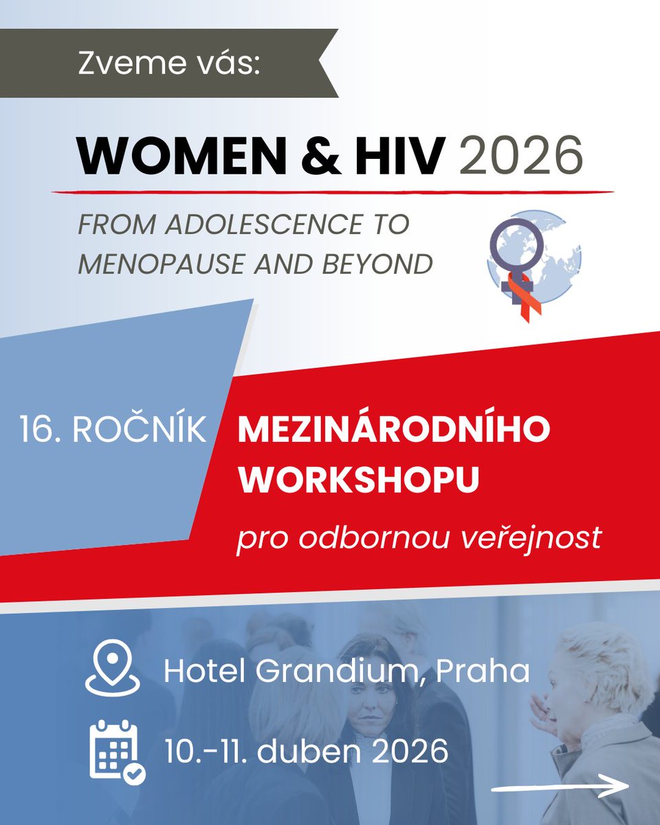 AIDS_pomoc's tweet photo. Zveme vás na 16. ročník mezinárodního workshopu Women & HIV, který se letos bude konat v Praze!

Zaměřuje se na péči o ženy žijící s HIV - od dospívání po menopauzu a ještě dál. 

📅 10. - 11. dubna 2026
📍 Hotel Grandium, Politických vězňů 913/12, Praha 1

Čekají vás například tato témata:

▪️migrace & HIV
▪️strategie pro prevenci HIV
▪️genderově podmíněné násilí 
▪️podpora žen užívajících návykové látky 
▪️chronický zánět v souvislosti s HIV
▪️stárnutí s HIV
▪️dlouhodobě působící antiretrovirová terapie (ART)
▪️aktuální (výzkumem podložené) pokyny pro péči o ženy žijící s HIV / ohrožené HIV během těhotenství a kojení 

Součástí jsou odborné přednášky a debaty, workshop je určený odborné veřejnosti. 

👉 Více informací včetně možnosti registrace: https://t.co/cEBey5ENFL
