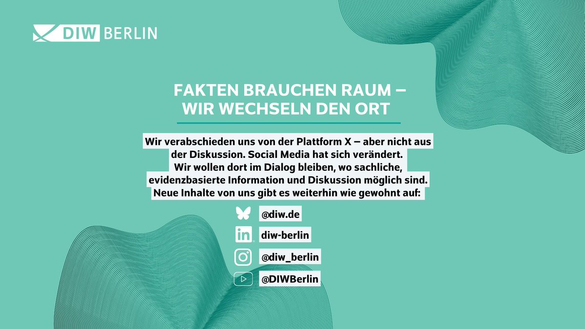 Fakten brauchen Raum – Wir wechseln den Ort
Wir verabschieden uns von der Plattform X – aber nicht aus der Diskussion. Social Media hat sich verändert. 
Wir wollen dort im Dialog bleiben, wo sachliche, evidenzbasierte Information und Diskussion möglich sind. Neue Inhalte von uns gibt es weiterhin wie gewohnt auf: 
Bluesky: https://bsky.app/profile/diw.de
LinkedIn: https://de.linkedin.com/company/diw-berlin
Instagram: https://www.instagram.com/diw_berlin/
YouTube: https://www.youtube.com/@DIWBerlin

