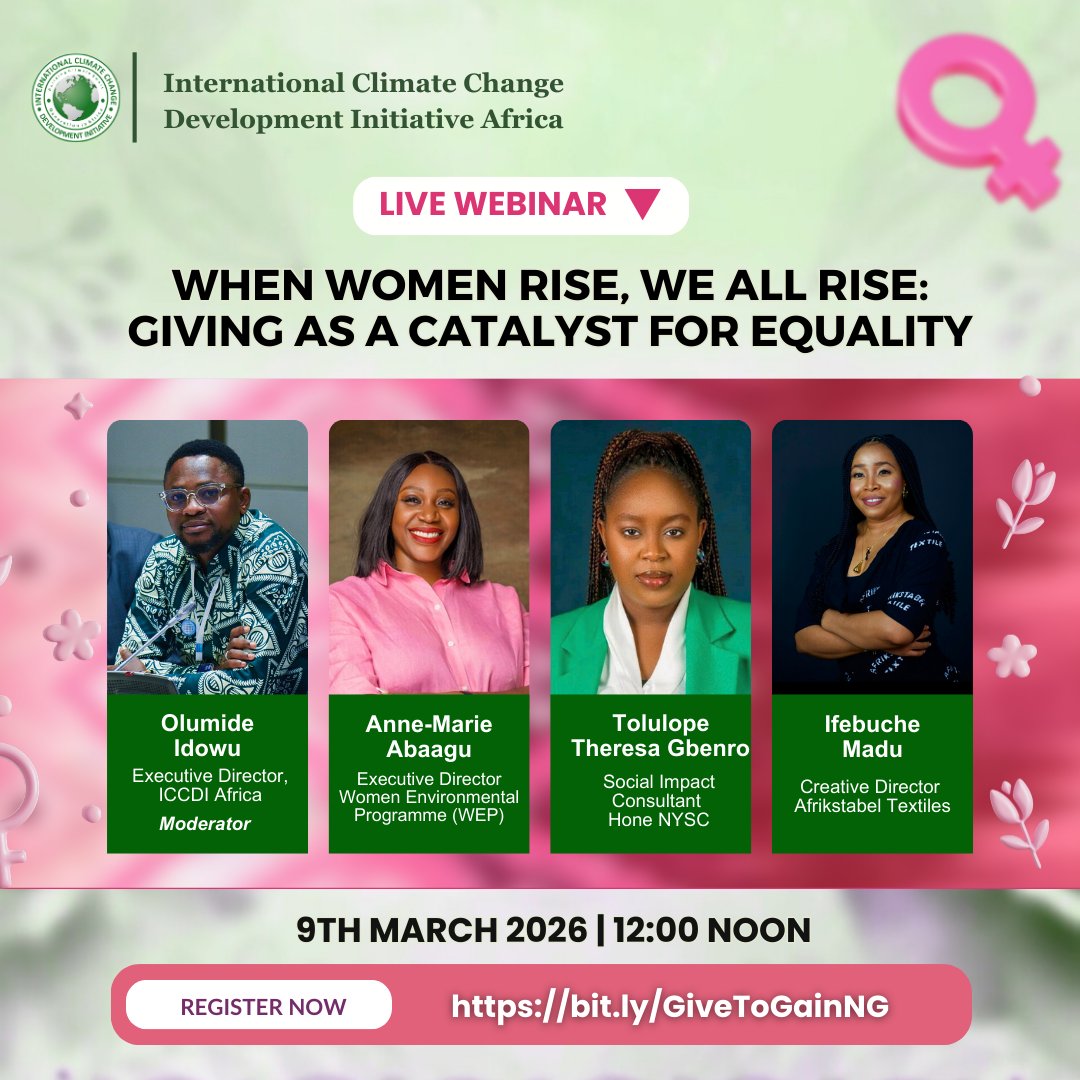 ClimateWed's tweet photo. 🌸 Celebrating International Women’s Day!

Join us for an inspiring live webinar as we explore how giving, mentorship, and collective support can accelerate gender equality. 

Theme: “When Women Rise, We All Rise: Giving as a Catalyst for Equality,” 

Our Speakers
🌸Anne-Marie Abaagu Igboba (@Qanne)
🌸Ifebuche Madu
🌸Tolulope Theresa Gbenro (@GbenroTolu)

📅 9th March 2026 | 12:00 Noon
🔗 Register: https://t.co/OieoVSyGW6

Let’s celebrate women, amplify their voices, and commit to creating a future where every woman can rise and thrive. 💜 @UN_Women 

#IWD2026 #GiveToGain