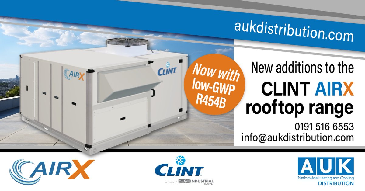 AUKDistribution's tweet photo. Check out the latest additions to the #CLINT AIRX packaged rooftop range now available from #AUK. With low-GWP R454B, the single or double skin units feature scroll compressors and EC inverter plug-fans. 
For more information: 0191 516 6553 or info@aukdistribution.com https://t.co/js7qYATxYF