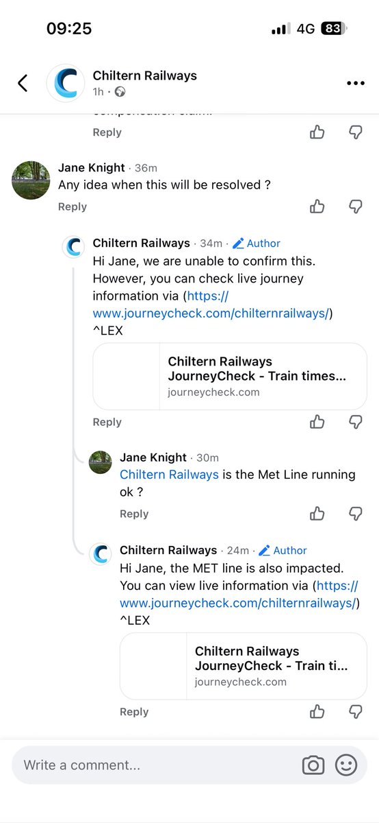 dave_how's tweet photo. @chilternrailway Really? Your Facebook team now saying the Met line affected when all staff are saying Met line clear and to get to Amersham or Harrow. Beyond a joke. Piss ups and breweries come to mind. https://t.co/743EcwN73f
